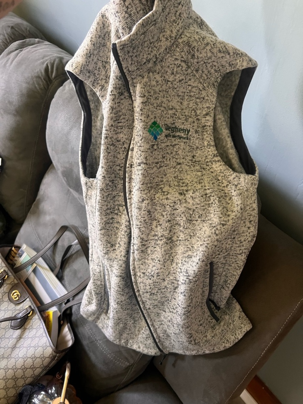 Grey Speckled Zip Front Fleece Vest with Logo